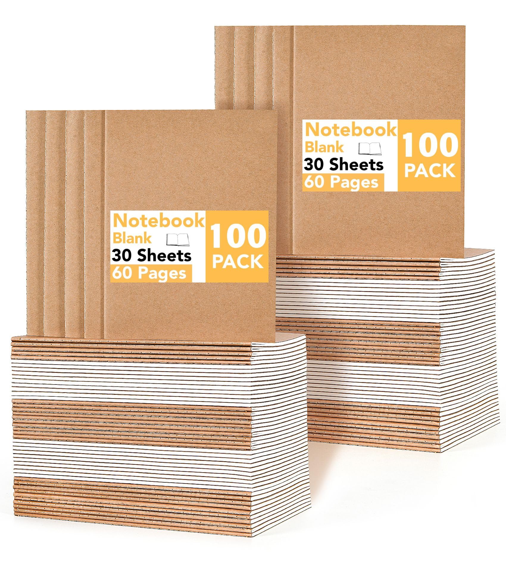 Quaderni A5 Bianchi Confezione da 100, Taccuini 60 Pagine Blocco Note Copertina Kraft per Ufficio, Scuola, Seminari & Creativi