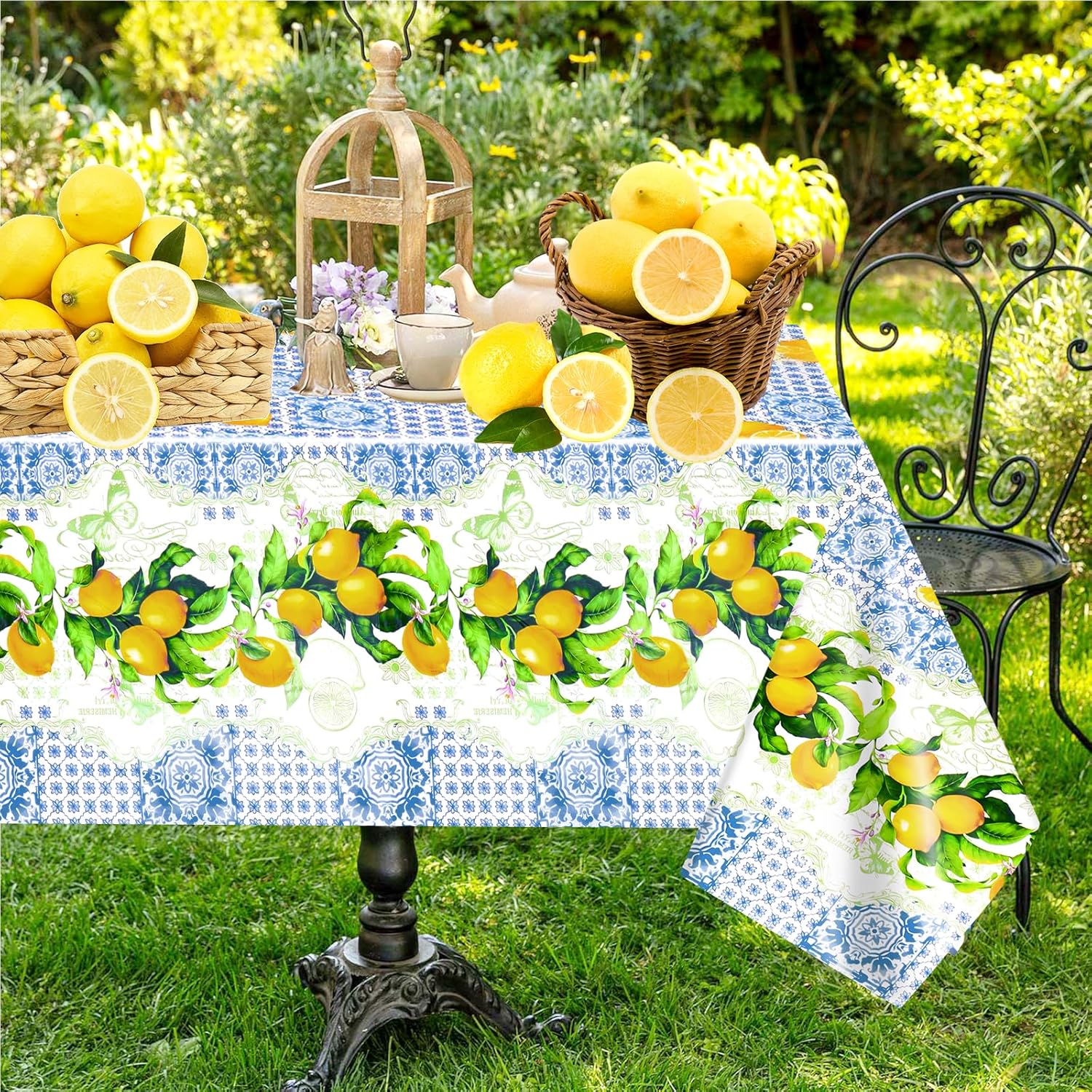 PHOGARY Lemon Tablecloth Blue Tiles Lemon Decor Capri Table Cover Amalfi Coast Party Decorations Italian Themed Party Supplies for Baby Shower