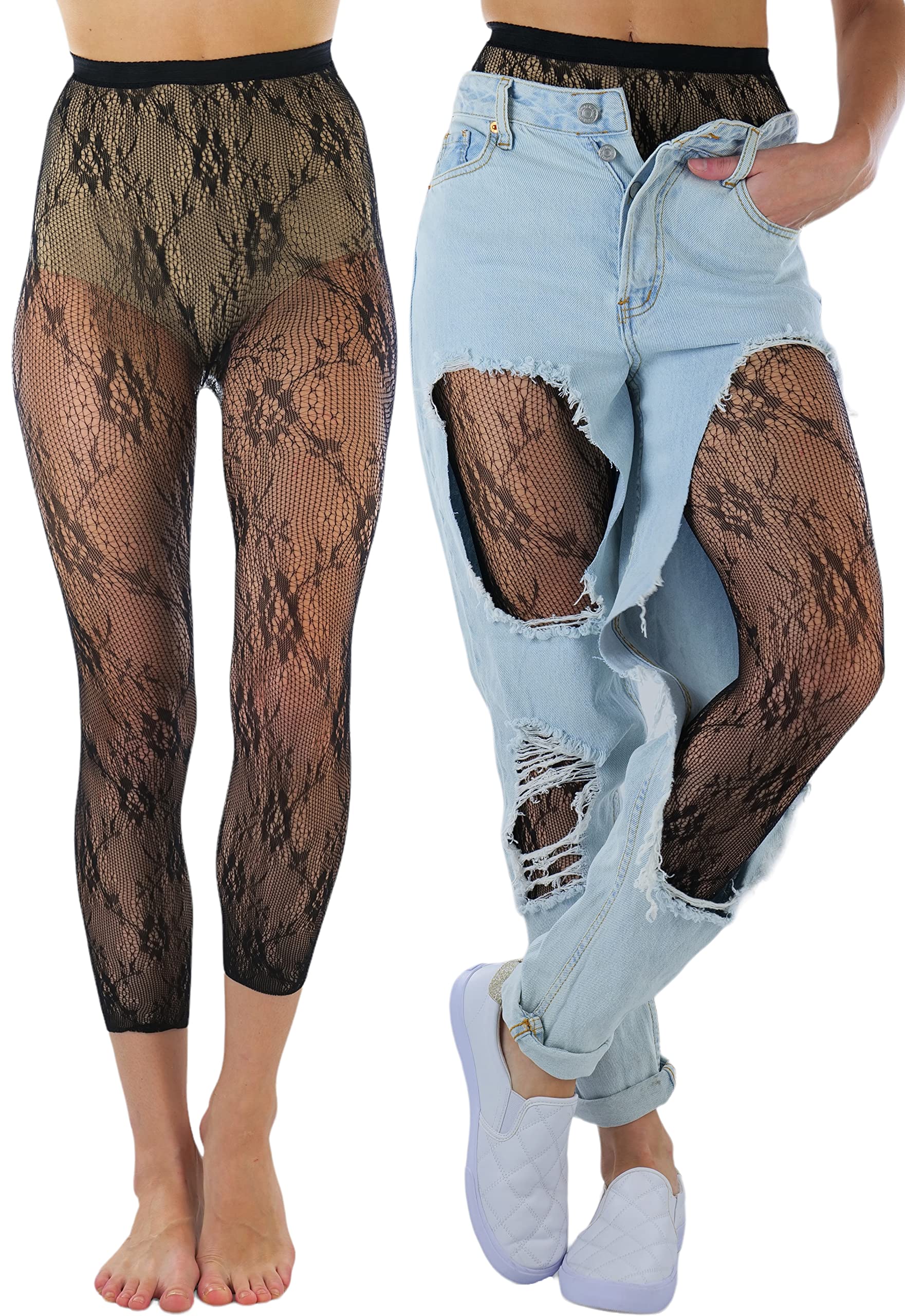 ToBeInStyle Women's Single Floral Lace Fishnet Tights Footless &amp; Stirrup Design
