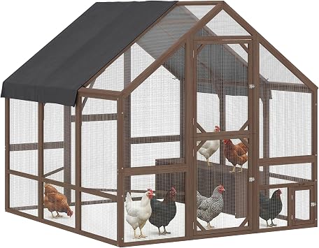 PawHut Large Wooden Chicken Coop for 8-10 Hens, Walk-in Chicken Run with Waterproof Cover, Nesting Boxes and Perches, Outdoor Poultry Cage Rabbit Hutch for Backyard, 83" x 73" x 73", Dark Brown