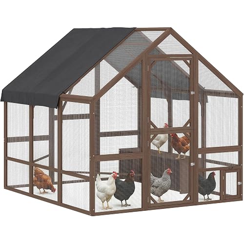 PawHut Large Wooden Chicken Coop for 8-10 Hens, Walk-in Chicken Run with Waterproof Cover, Nesting Boxes and Perches, Outdoor Poultry Cage Rabbit Hutch for Backyard, 83" x 73" x 73", Dark Brown