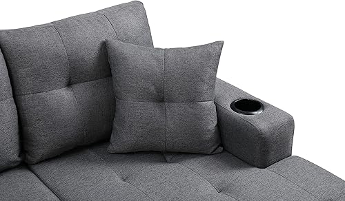 Miniatura 4 de Sofá modular moderno en forma de L, sofá tapizado de tela con diván reversible y 2 portavasos, para sala de estar pequeña, color gris