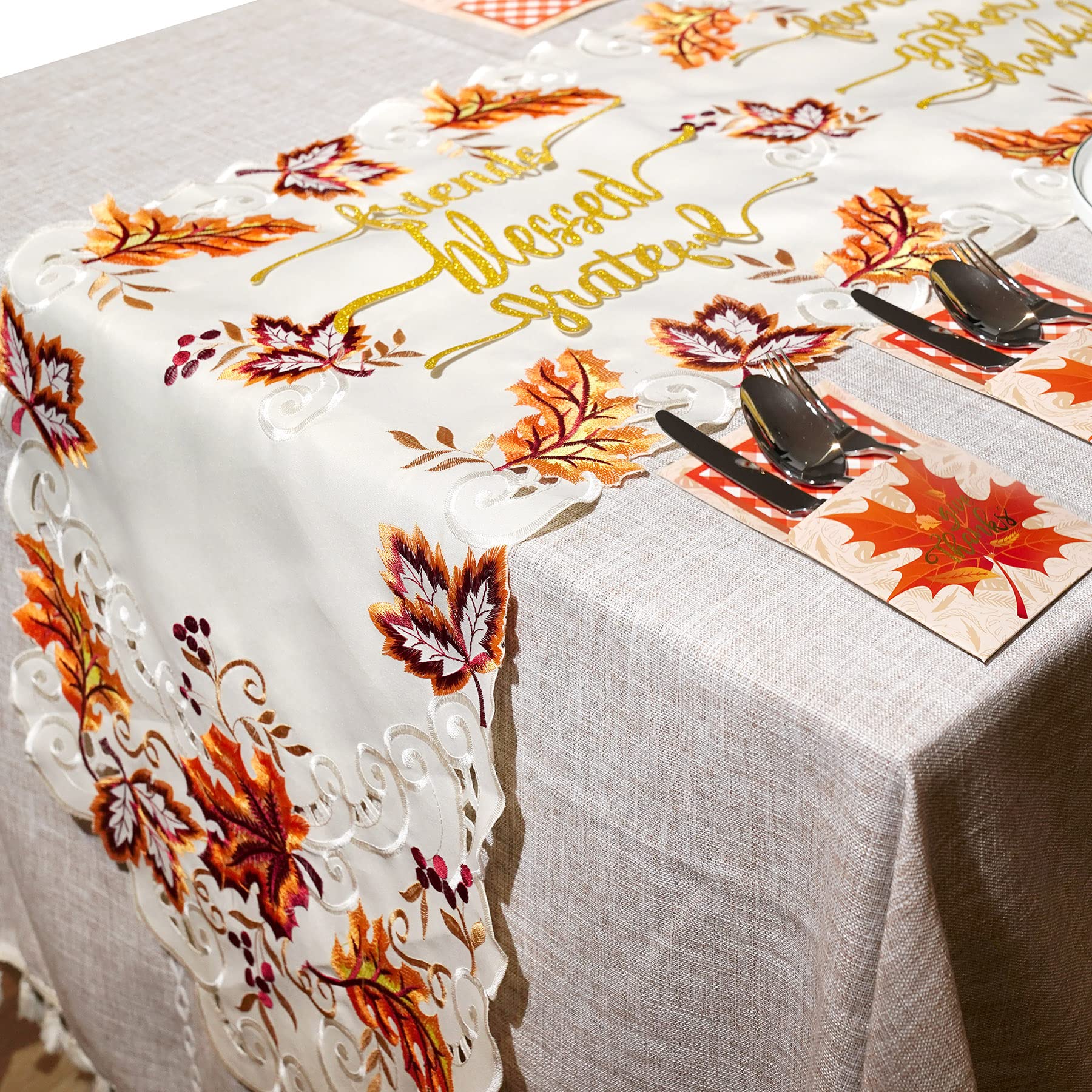 ANOTION Thanksgiving Table Decorations, Thanksgiving Table Runner 12 Thanksgiving Cutlery Holder 12 Thankful Grateful Blessed Words Cutout Card Decor Glitter Table Place Card Turkey Utensil Décor