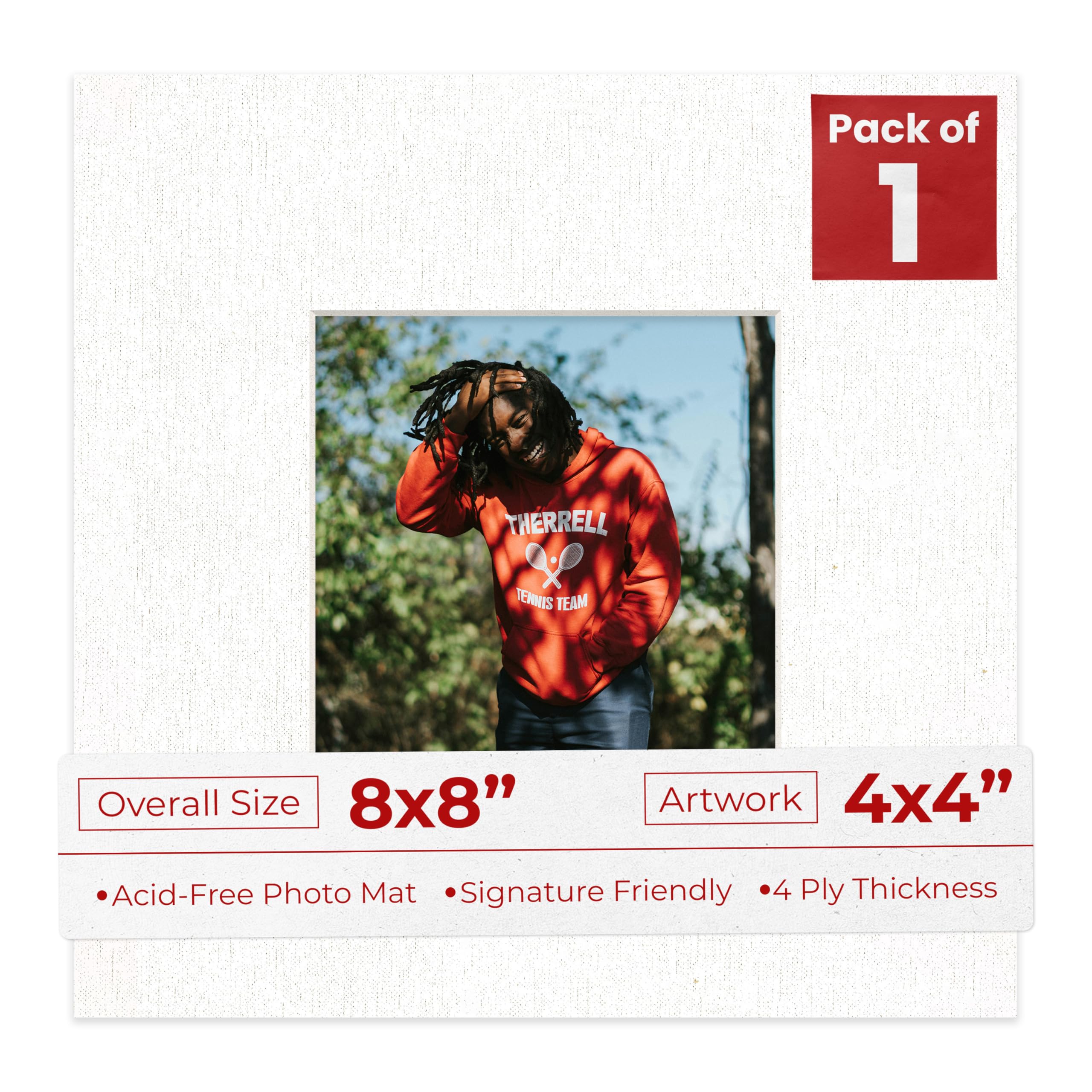 8x8 Mat Bevel Cut for 4x4 Photos - Precut White Linen Canvas Square Shaped Photo Mat Board Opening - Acid Free Matte to Protect Your Pictures - Bevel Cut for Family Photos, Pack of 1 Matboard-image-4