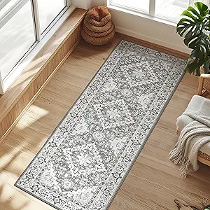 Lofus 2x6 Hallway Washable Runner Rug, Vintage Kitchen Runners Non Slip, Entryway Rugs for Bathroom Bedroom Living Room Laundry Room Floor Mat, Boho Entry Long Carpet, Floral Grey