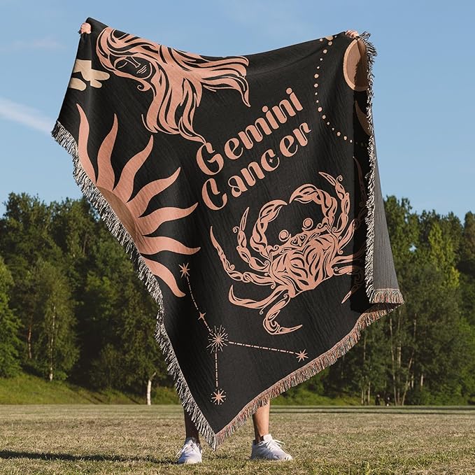 Throw Blanket, 100% Cotton Woven, Zodiac Compatibility Sign, Astrology Decor Woven Tapestry, Cancer & Gemini Horoscope Match 2-Inch Fringe Detail, Vintage Aesthetic Multiple Sizes 60 x 80