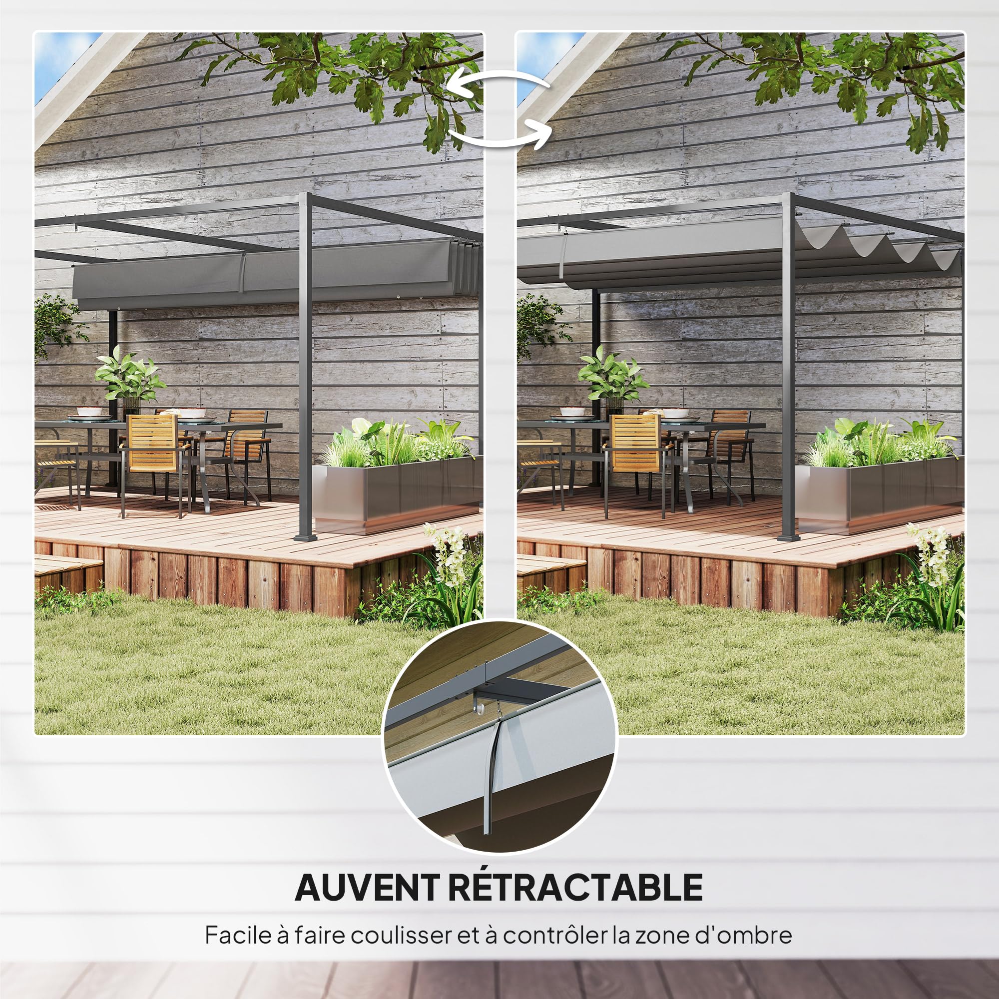Outsunny Pergola coulissante pergola rétractable 4 x 3 m Structure métal époxy anticorrosion Toile Polyester Haute densité 180 g/m² Incluse Gris foncé