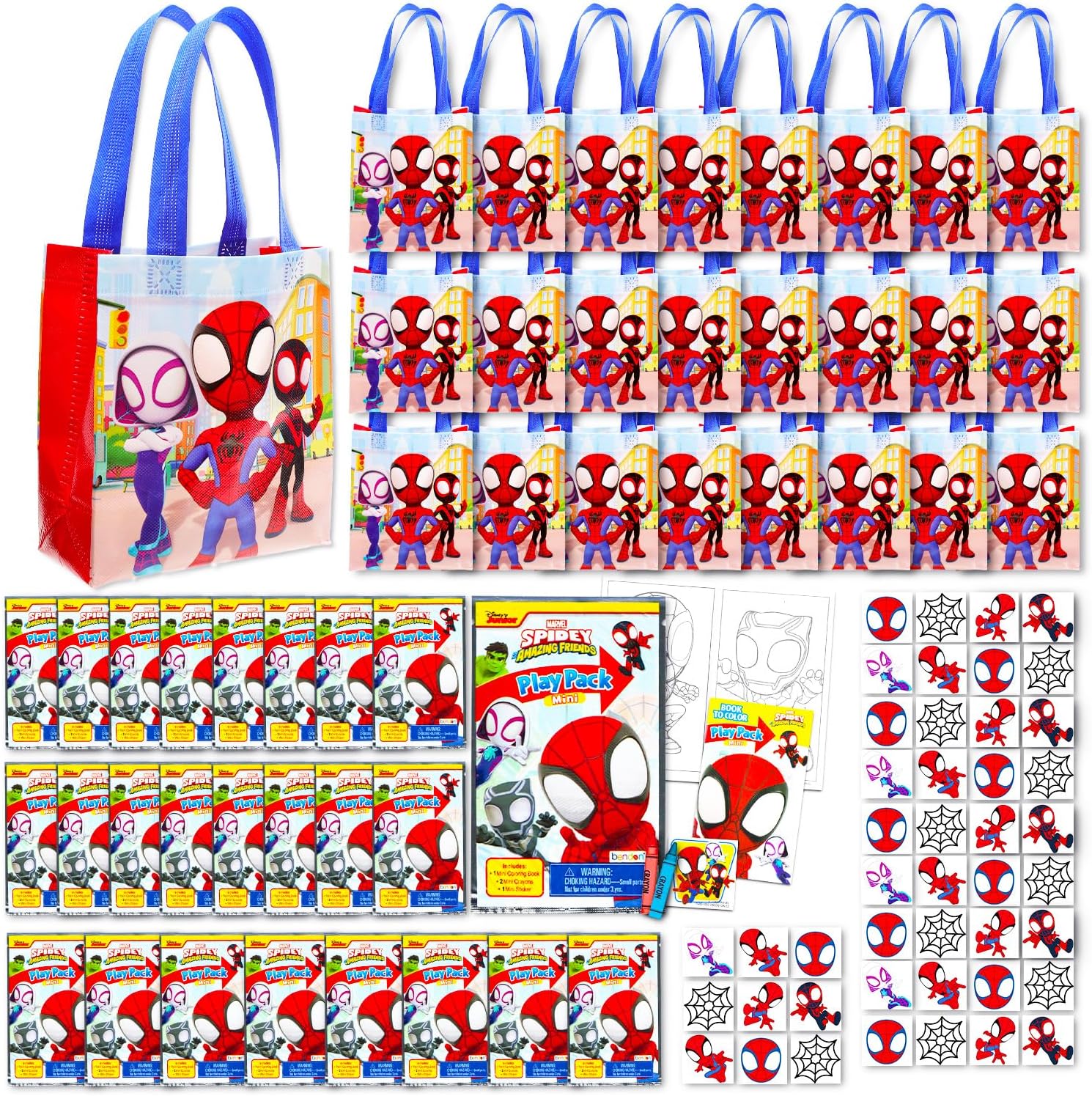 Spidey and Friends Party Favors Ultimate Bundle - 24 Guest Set with Party Bags, Mini Coloring Activity Books, Stickers, Temporary Tattoos | Spidey and His Amazing Friends Birthday Party Supplies Kids