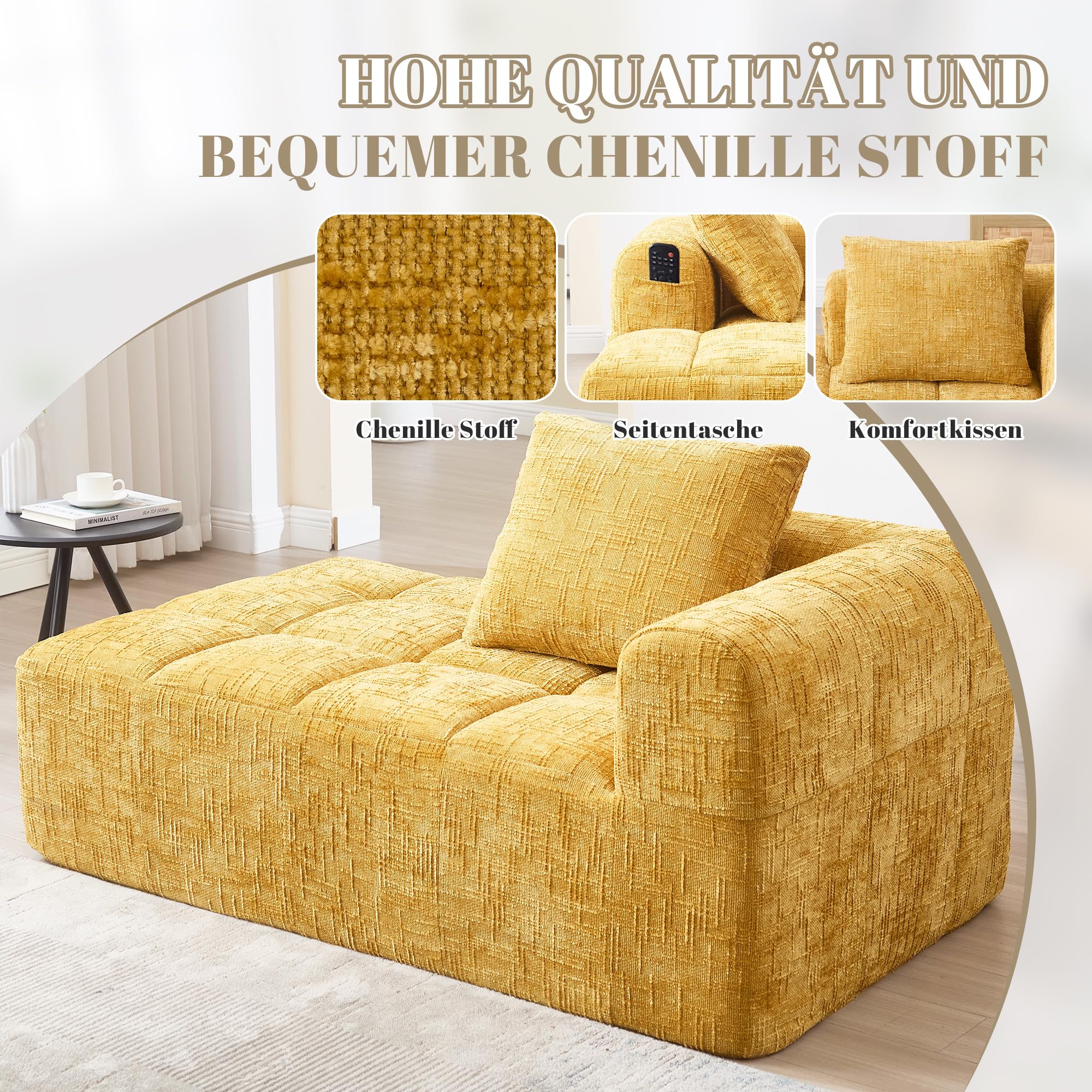 Sofá de 1 plaza, con bolsillos laterales de almacenamiento, sofá reclinable moderno con 1 cojín, tejido de chenilla, apto para salón y apartamento, color amarillo, no requiere montaje