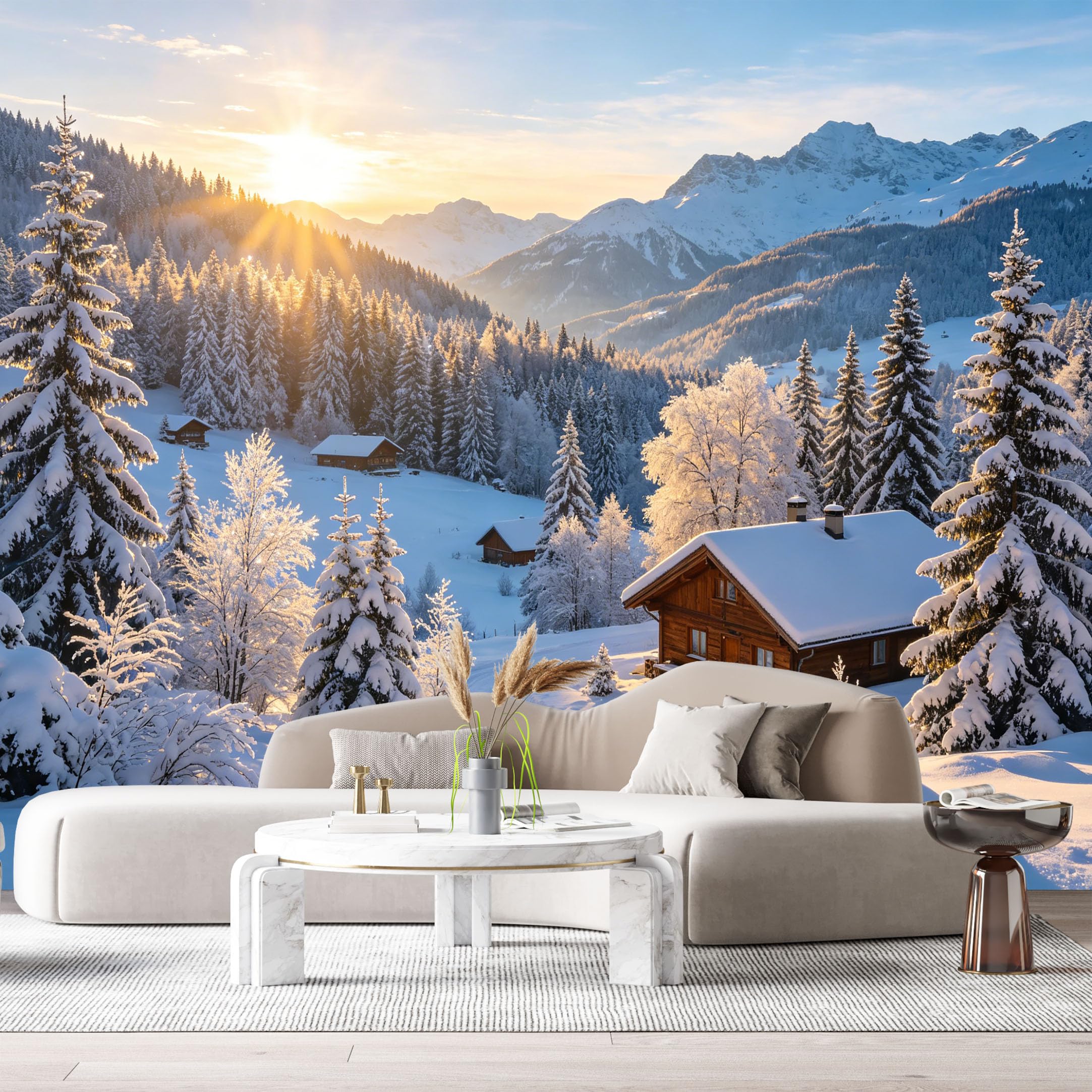 Custom Size Wall Murals Winter Mountain Landscape Oil Painting Snowy Forest Cabin Sunrise SelfAdhesive Wall Fabric Removable Large Wallpaper for Photo Living Room