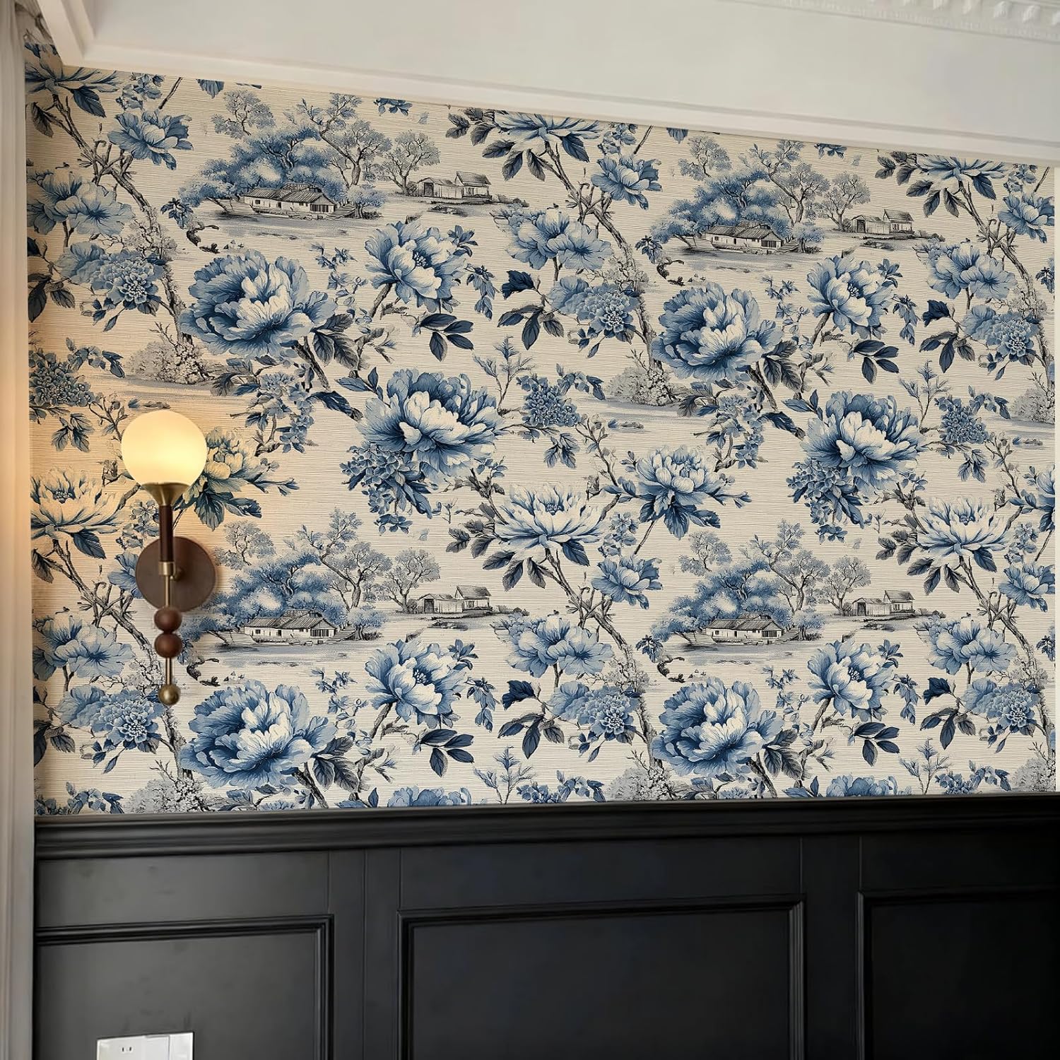 Watercolor Classic Oriental Blue White Floral Peel and Stick Wallpaper Self Adhesive 17.72" X 236.2'' Peony River Village Wall Paper Renter Friendly Removable Waterproof for Living Room Bedroom