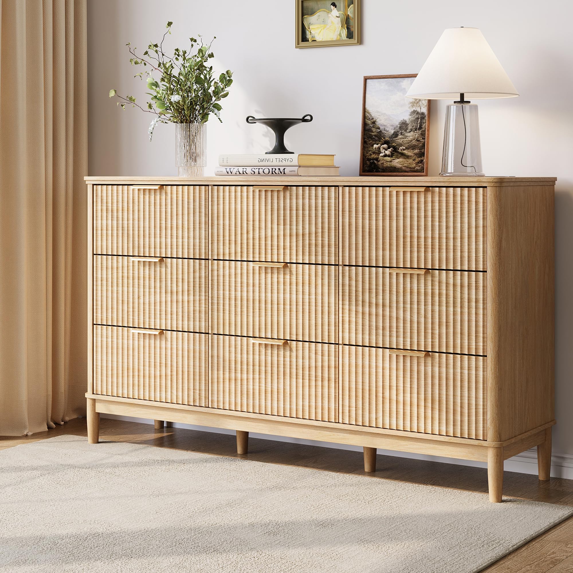 LINSY HOME Fluted Dresser for Bedroom with 9 Drawers, 58" Wide Mid Century Modern Dresser, Tall Boho Chest of Drawers, Large Wood Accent Storage