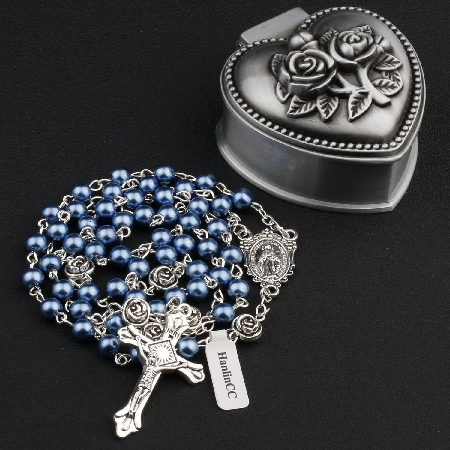 HanlinCC Glass Pearl Beads Miraculous Catholic Rosary Necklace with Rose Heart Box for Men and Women