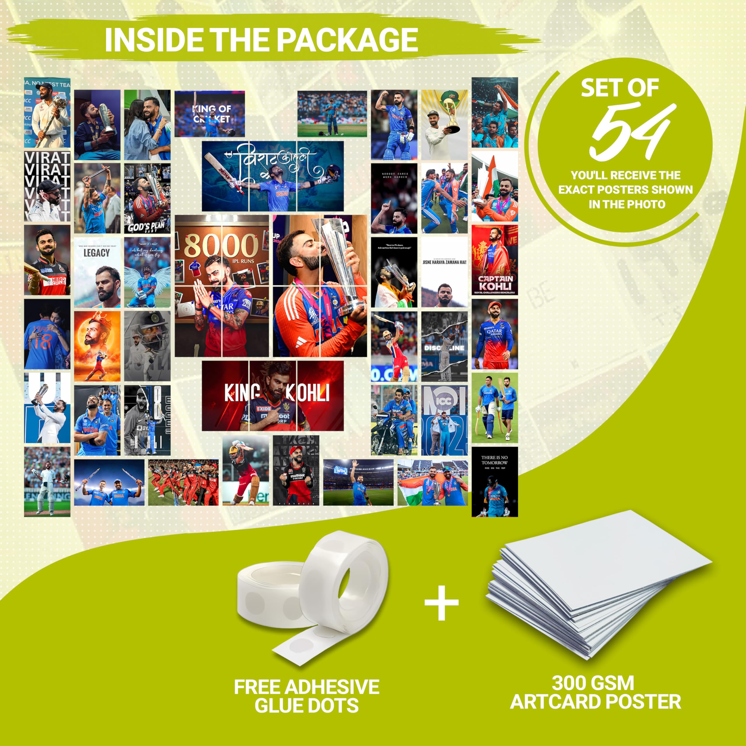 MODERN GALLERY MART Pack of 54 Virat Kohli Wall Collage Kit Posters - 4 x 6 Inches Posters for Wall Decoration - Wall Art For Bedroom, Office, Living room, Dorm room - Glue Dots Included 1