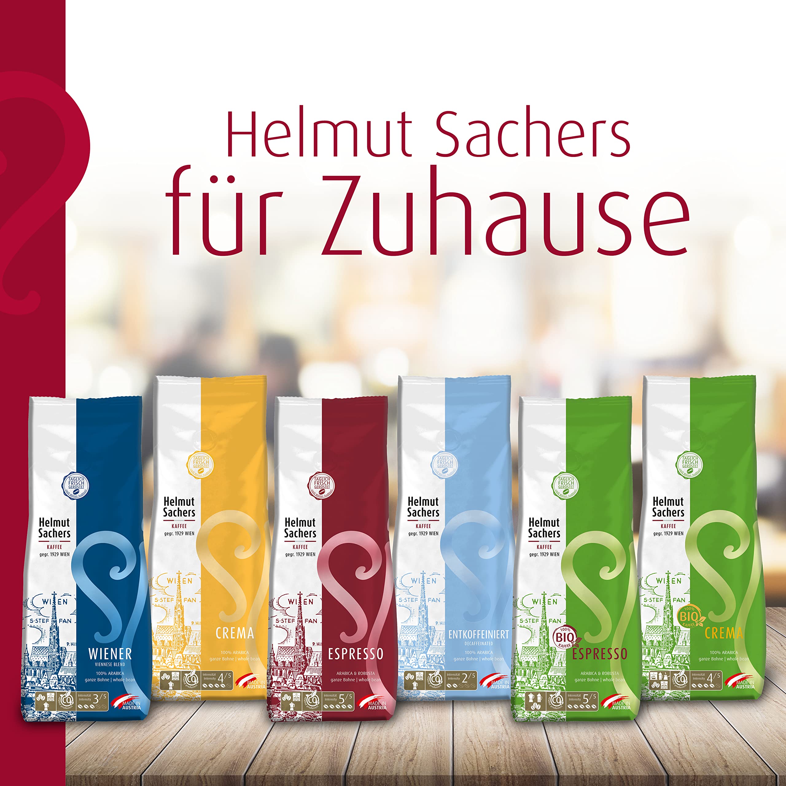 Helmut Sachers Kaffee - Espresso, Intensität 5/5, Arabica und Robusta, ganze Kaffeebohnen, 6 x 500g