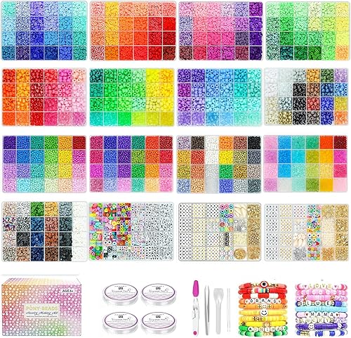 Paodey 53,500 cuentas de arcilla para poni, cuentas de semillas de vidrio para manualidades, joyas, pulseras, manualidades, 16 bandejas, paquete de