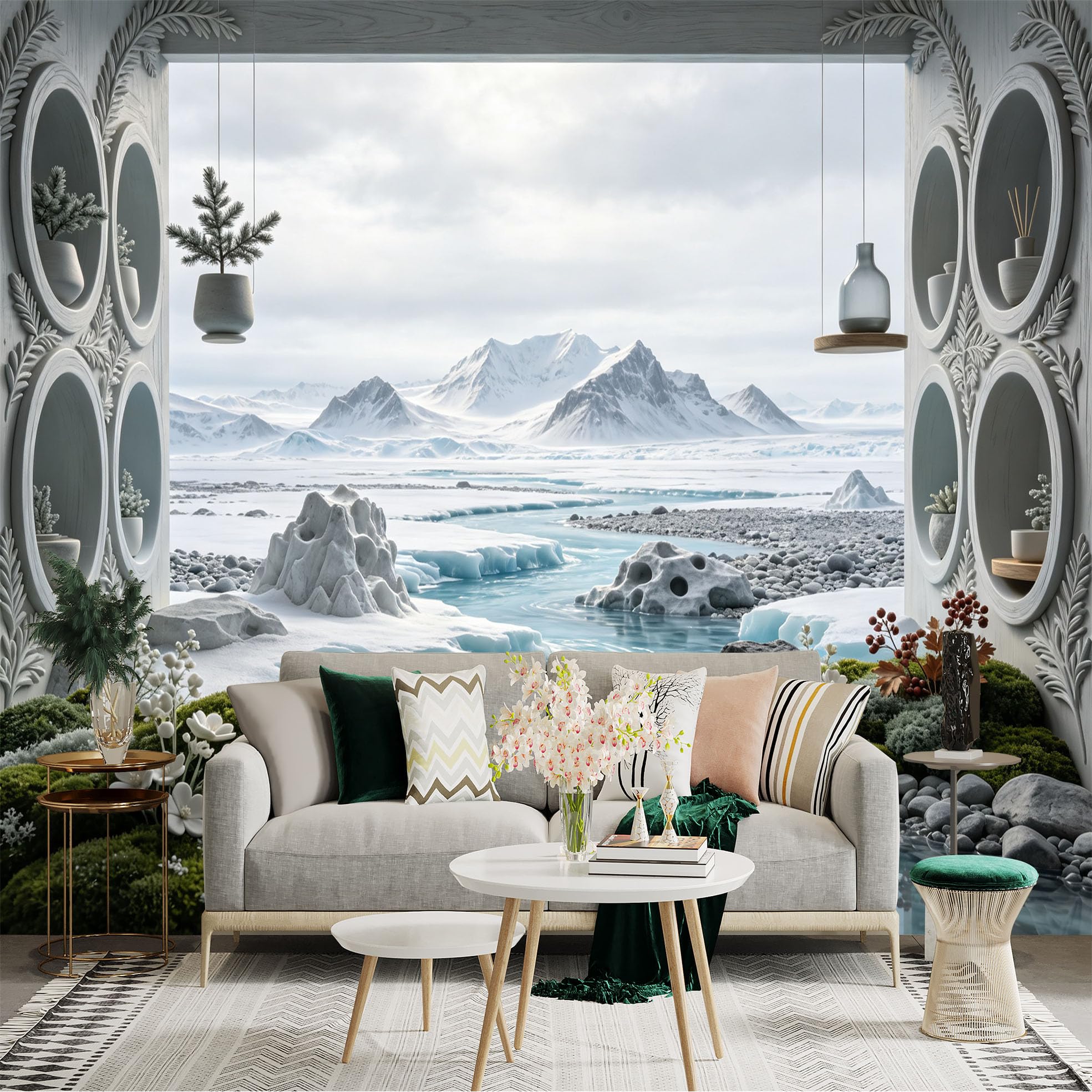 Lnzczhyre Bh260719606 Custom Size Wall Sticker Mural， Snowy Mountains And Frozen River， Nordic Winter Scenery， Minimalist Zen Decor， For Wall Decoration， Peelandstick Wall Decals.