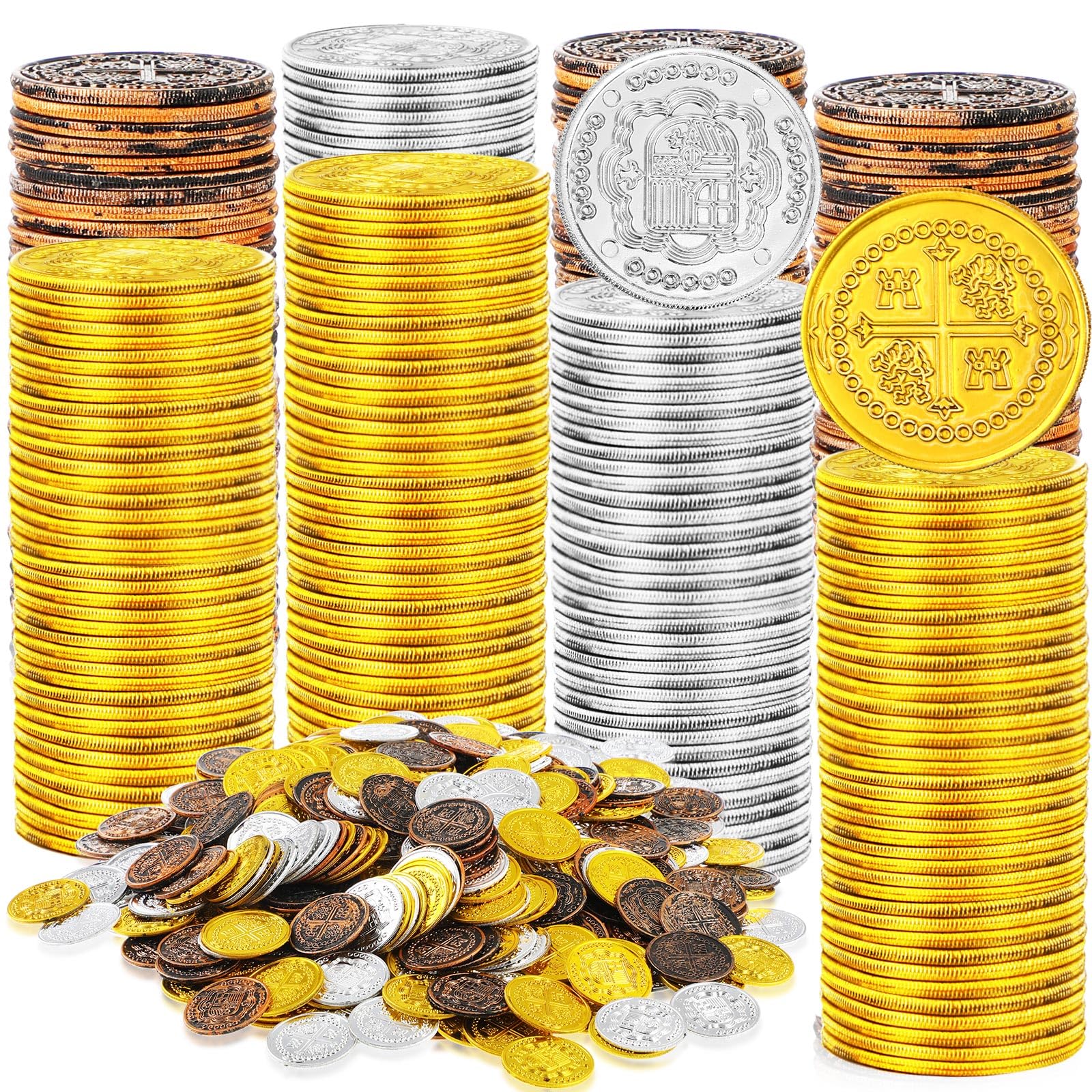 Hanaive 100 Pcs Pirate Coins Plastic Kids Fake Play Replica Spanish Doubloons St. Patrick's Coin for Pirate Party Treasure Chest Board Games Tokens Toys Cosplay (Gold, Silver, Bronze,Round)