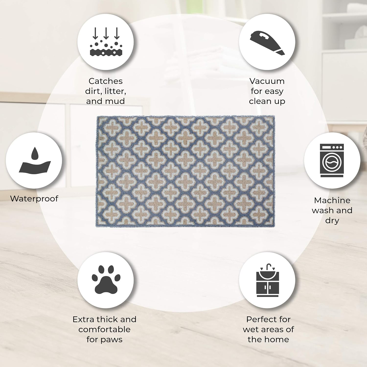 Easyology Large Trapping Cat Litter Mat, Kitty Litter Box Mat with Scatter Control to Keep Floors and Rug Clean, Casual Blue
