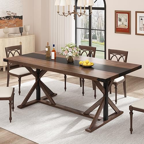 Miniatura 9 de Mesa de comedor de 71 pulgadas para 6 personas, mesa rectangular de cocina de granja con grosor impermeable, mesas de comedor largas con base de