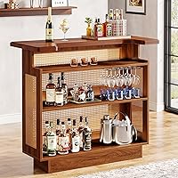 Vista 8 de Tribesigns: unidad de bar para el hogar de ratán, mesa de bar de 4 estantes estilo granja con 4 portavasos y base elevada, gabinete de bar
