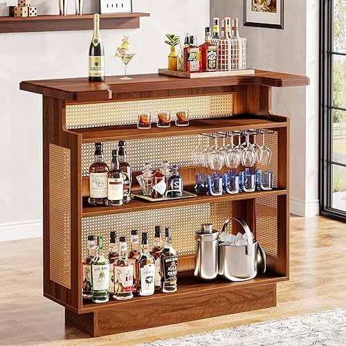 Miniatura 8 de Tribesigns Mueble de bar de ratán para el hogar, mesa de bar de 4 niveles con 4 estantes de copas y base elevada, gabinete de bar de vino de licor,