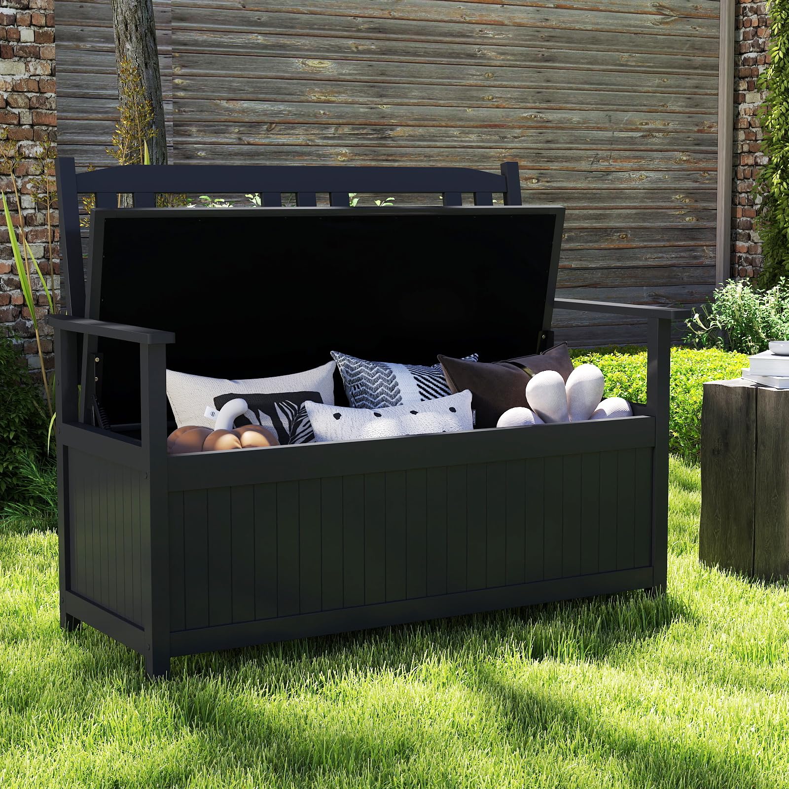 COSTWAY Gartenbank Holz mit Stauraum, wetterfeste Truhenbank, 2-Sitzer Holzbank mit integrierter Kissenbox, Balkonbank, Sitzbank für Garten, Balkon, Terrasse, 123 x 68,5 x 96 cm (Schwarz)