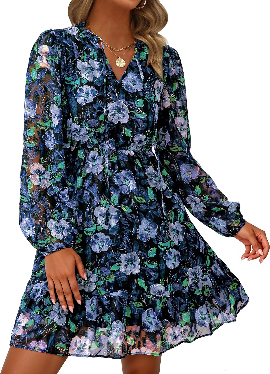 PRETTYGARDEN Women’s Fall Boho Dresses 2026 Floral Long Sleeve V Neck Mini Flowy Wedding Guest Dress Trendy Vacation Outfits