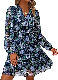 Women's Fall Boho Dresses 2025 Floral Long Sleeve V Neck Mini Flowy Wedding Guest Dress Trendy Vacation Outfits