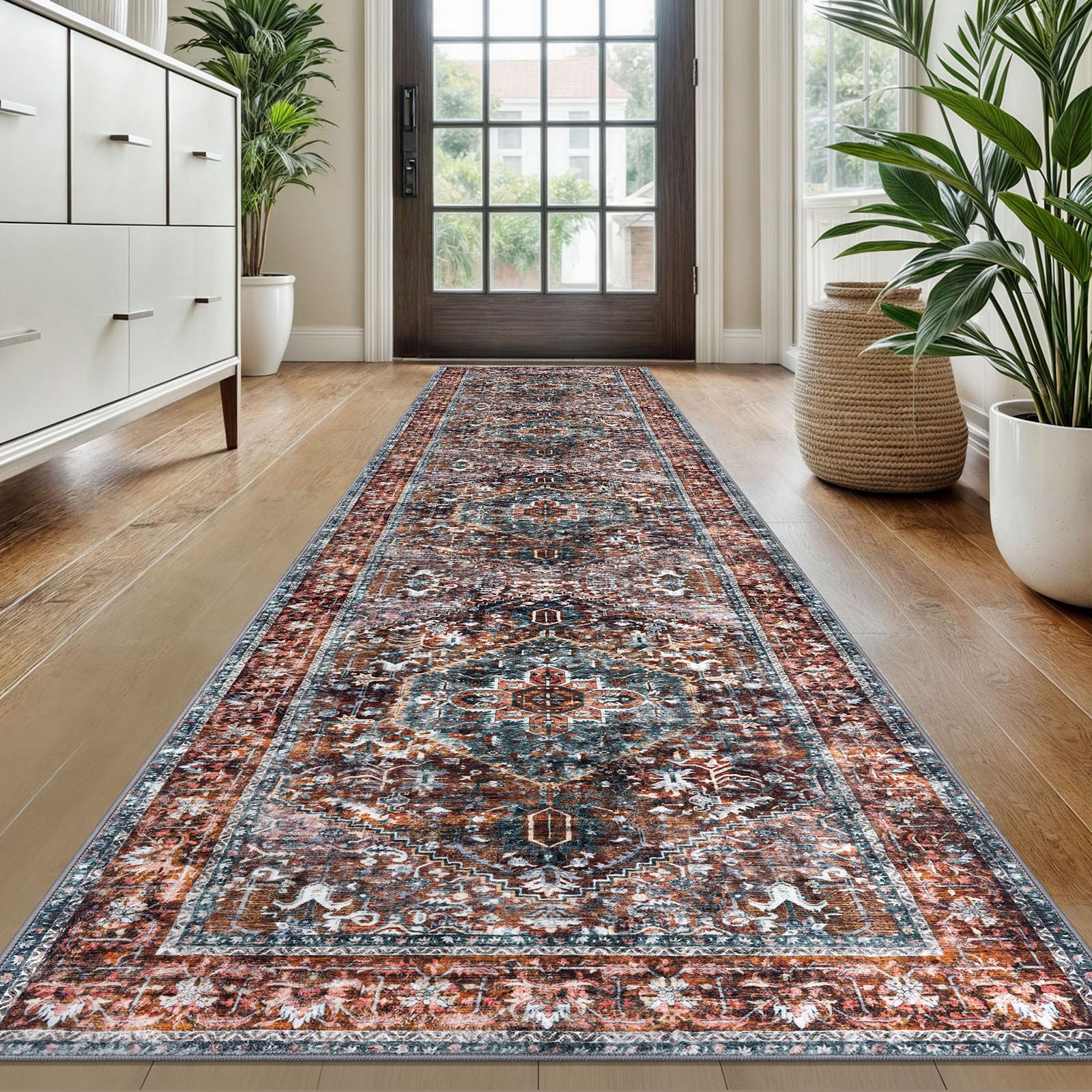 KOZYFLY Runners for Hallways 2x10 Ft Washable Kitchen Runner Rug Boho Runner Rug for Entryway Indoor Printed Faux Wool Carpet Runner for Bedroom Kitchen Hall, Brick Red/Orange/Green