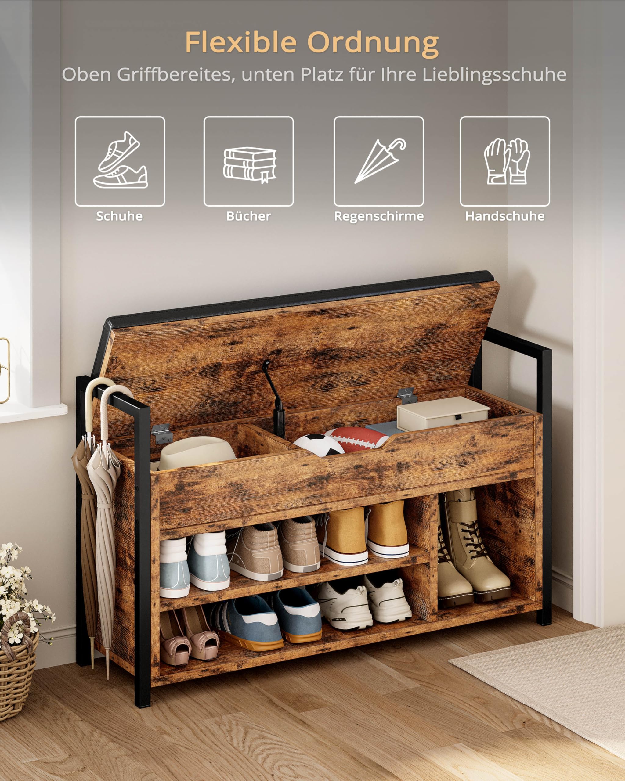 IRONCK Schuhbank mit Sitzfläche, Sitzbank mit Stauraum, Schuhschrank,100x30x62cm, 3 offene Fächer, Kunstleder, 130kg belastbar, Schuhregal für Eingang,Flur,Wohnzimmer,Schlafzimmer (Vintagebraun)