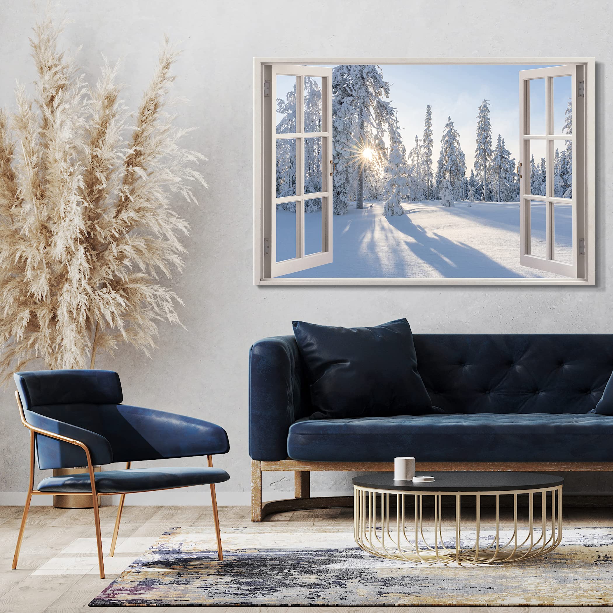 Bilder Fensterblick 120x80cm Baumwoll-Leinwand auf Keilrahmen mit Aufhänger moderner Kunstdruck XXL Wandbilder Wand-Dekoration Winter Landschaft Bäume Wald Sonne Natur - Natur-Fotografie