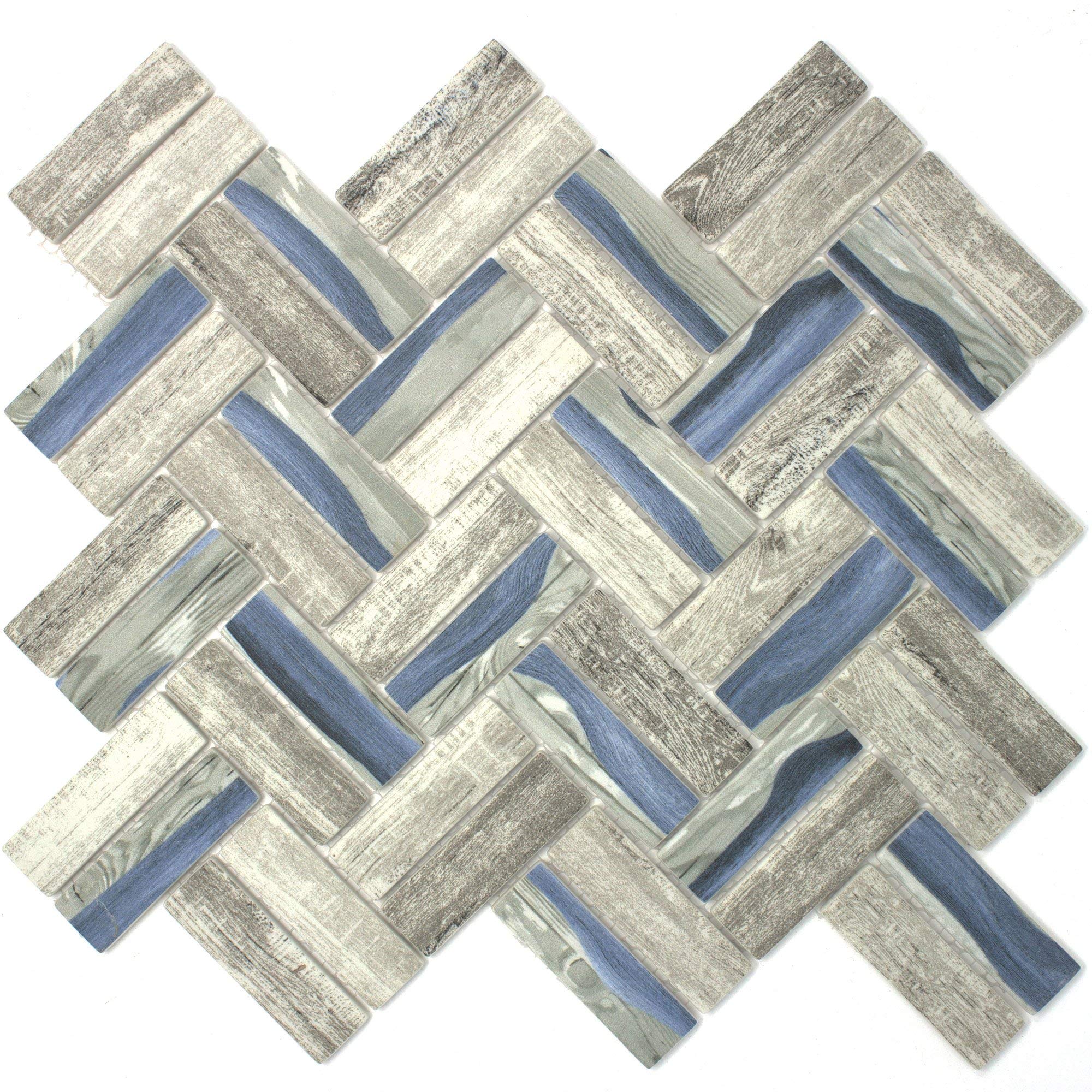TREGLG-09 Recycle Glass Wooden Look Blue Herringbone Mosaic Tile Backsplash (1 Sheet)