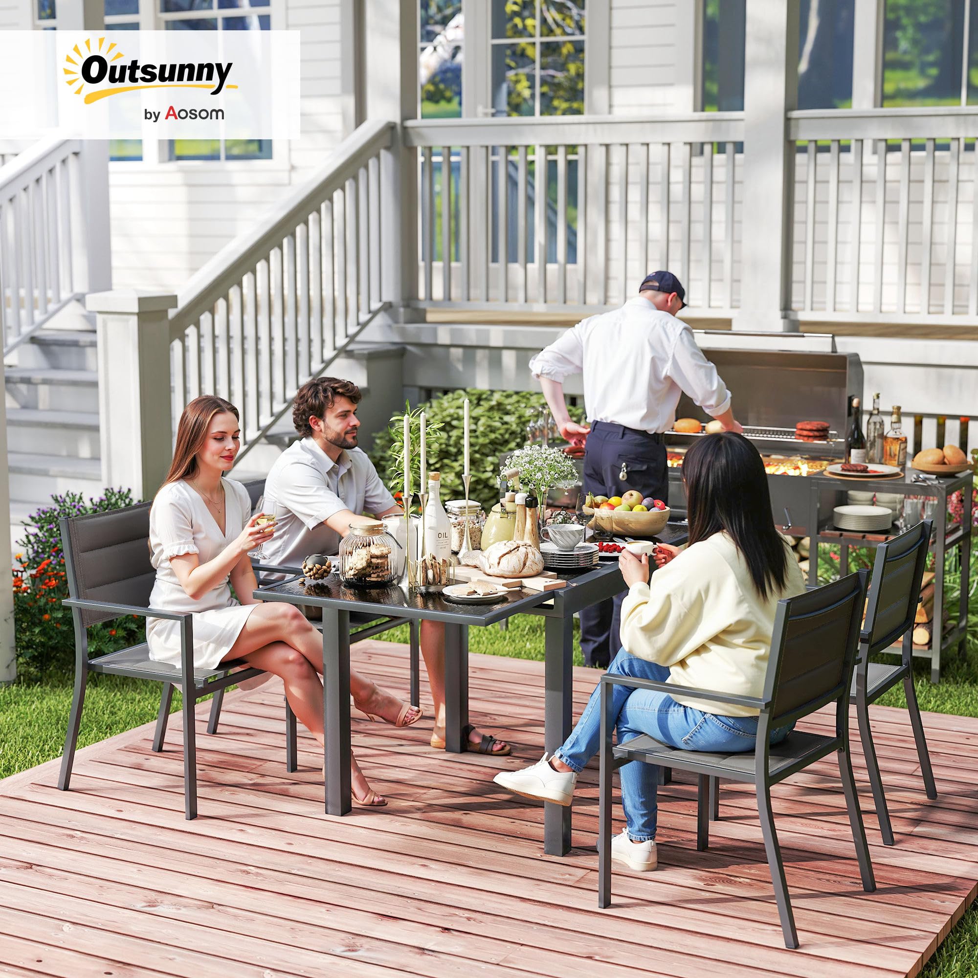 Outsunny Salon de Jardin extérieur en Aluminium et textilène Table Extensible 4 chaises empilables - 4 Personnes - dim. Table 80/160L x 80l x 75H cm Gris