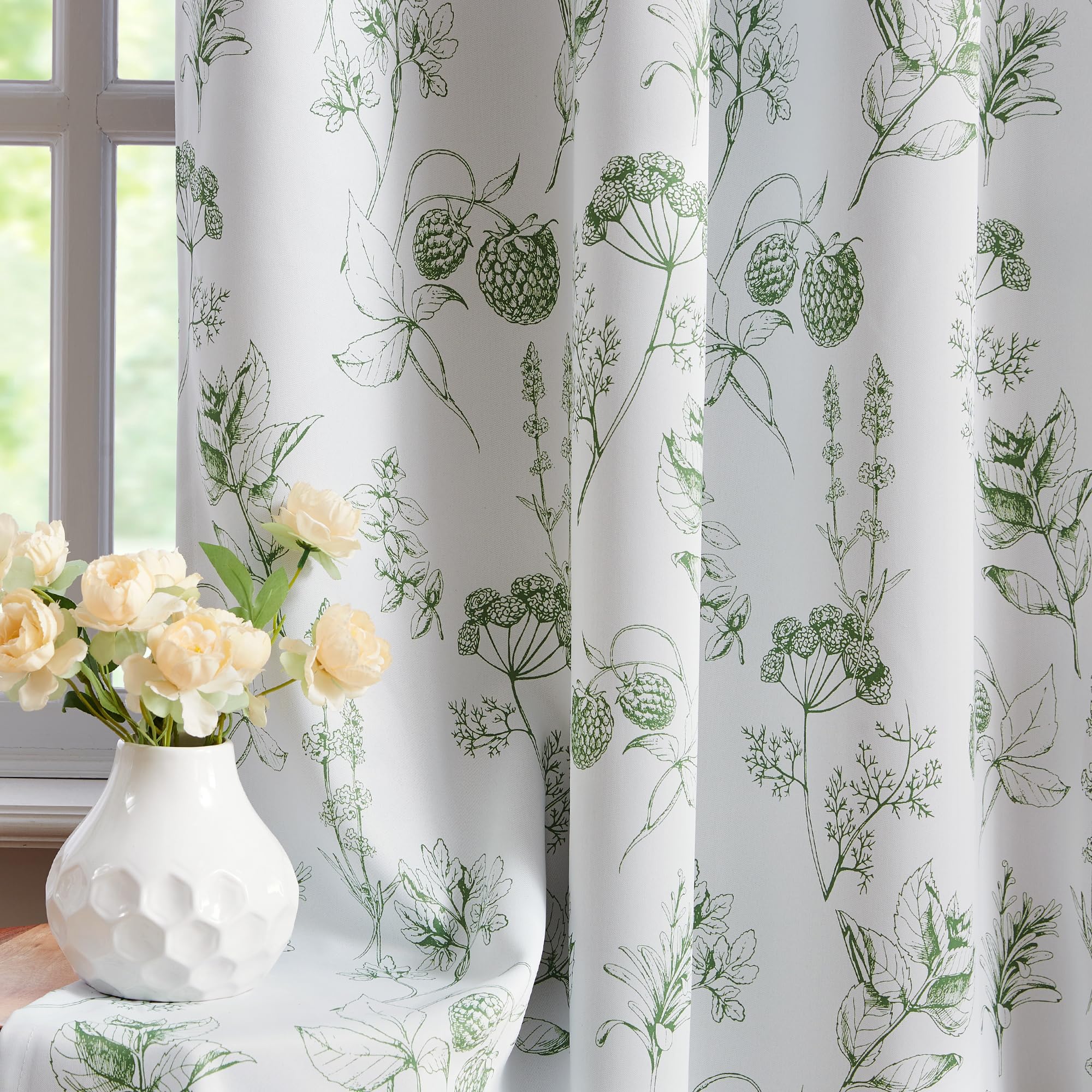 FMFUNCTEX 100% Blackout Floral Curtains 84 Inches Long for Bedroom, Sage Green Leaf Drapes for Living Room, Farmhouse Rod Pocket Back Tab Room