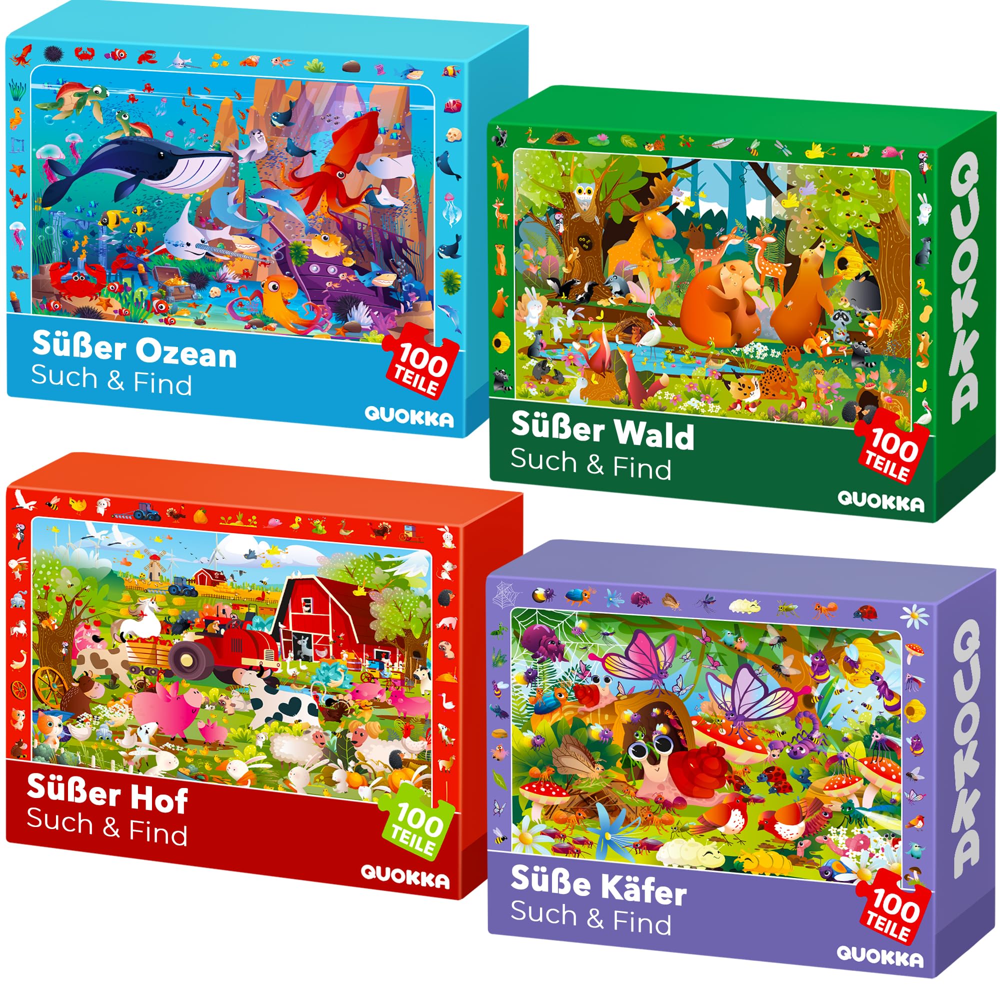 QUOKKA Puzzle ab 3 4 5 Jahre für Kinder - 4x100 Teile Puzzle ab 5 6 für Jungen und Mädchen - Suchen & Finden Kinderpuzzle Spiele mit Tiere & Insekten - Geschenk Spielzeug für Kinder 6 7 8 Jahre