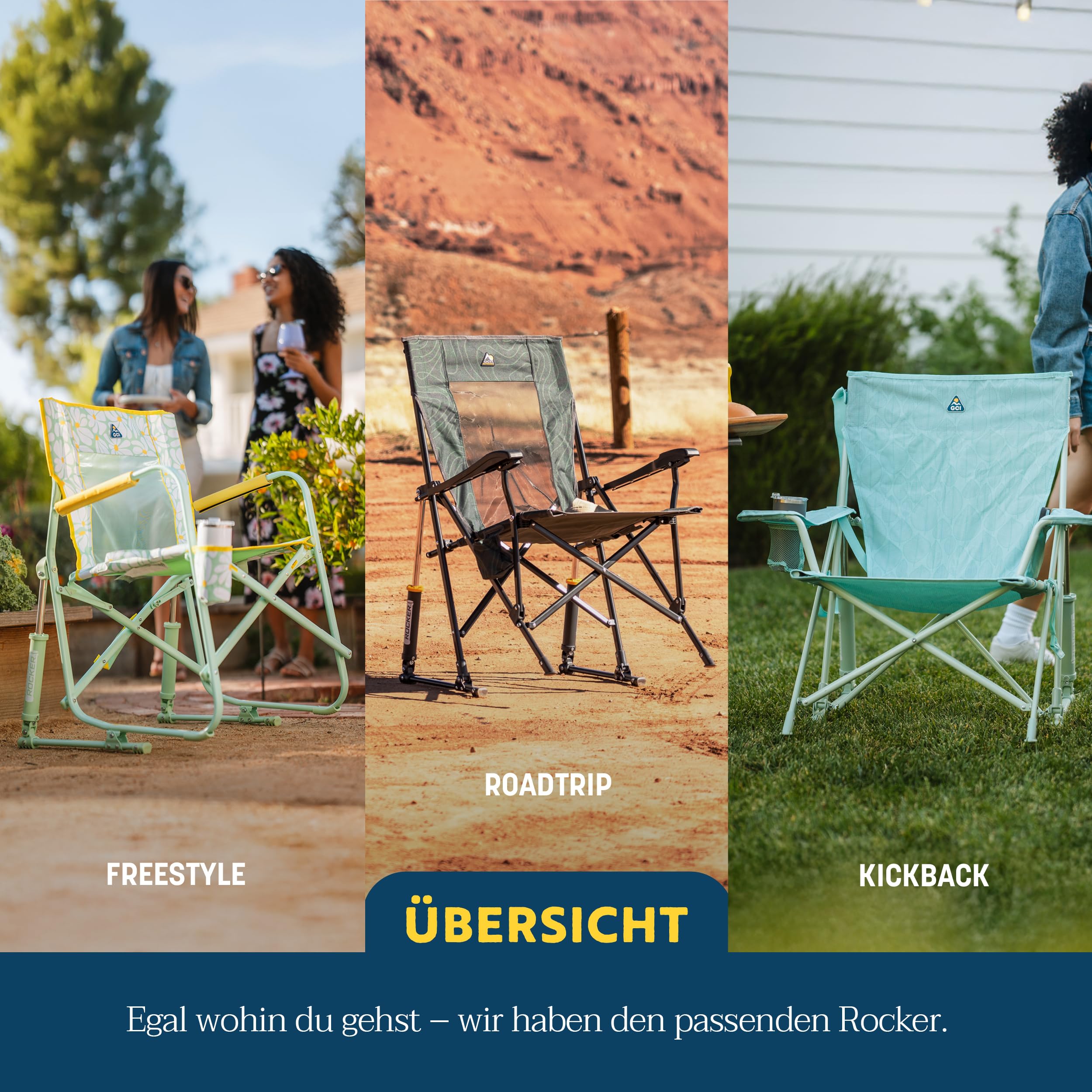 GCI Outdoor – Pod Rocker – Faltbarer Campingstuhl mit patentierter Schaukelfunktion – Relax-Sitzpositionmit breiter Sitzschale – bis 130 kg belastbar – Klappbar, Getränke- & Handyhalter – Charcoal