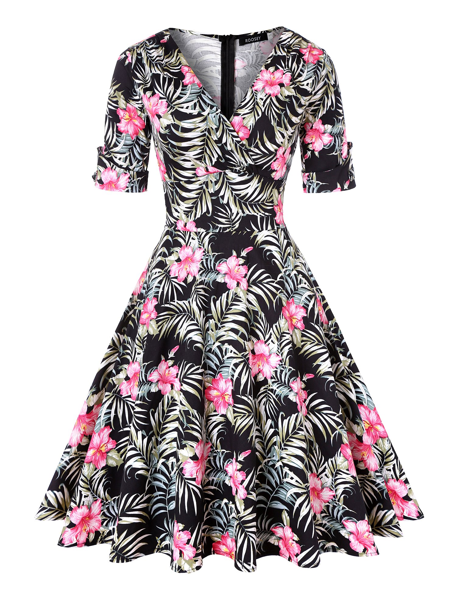 Women’s Vintage Retro V Neck 1950s Cocktail Party Wedding Formal Swing Dress with Belt