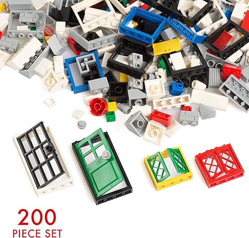 Miniatura 6 de Barcaloo Juego de 200 piezas de ladrillos de construcción para ventanas, puertas y techos, 7 colores clásicos, incluye ventanas, puertas y piezas de