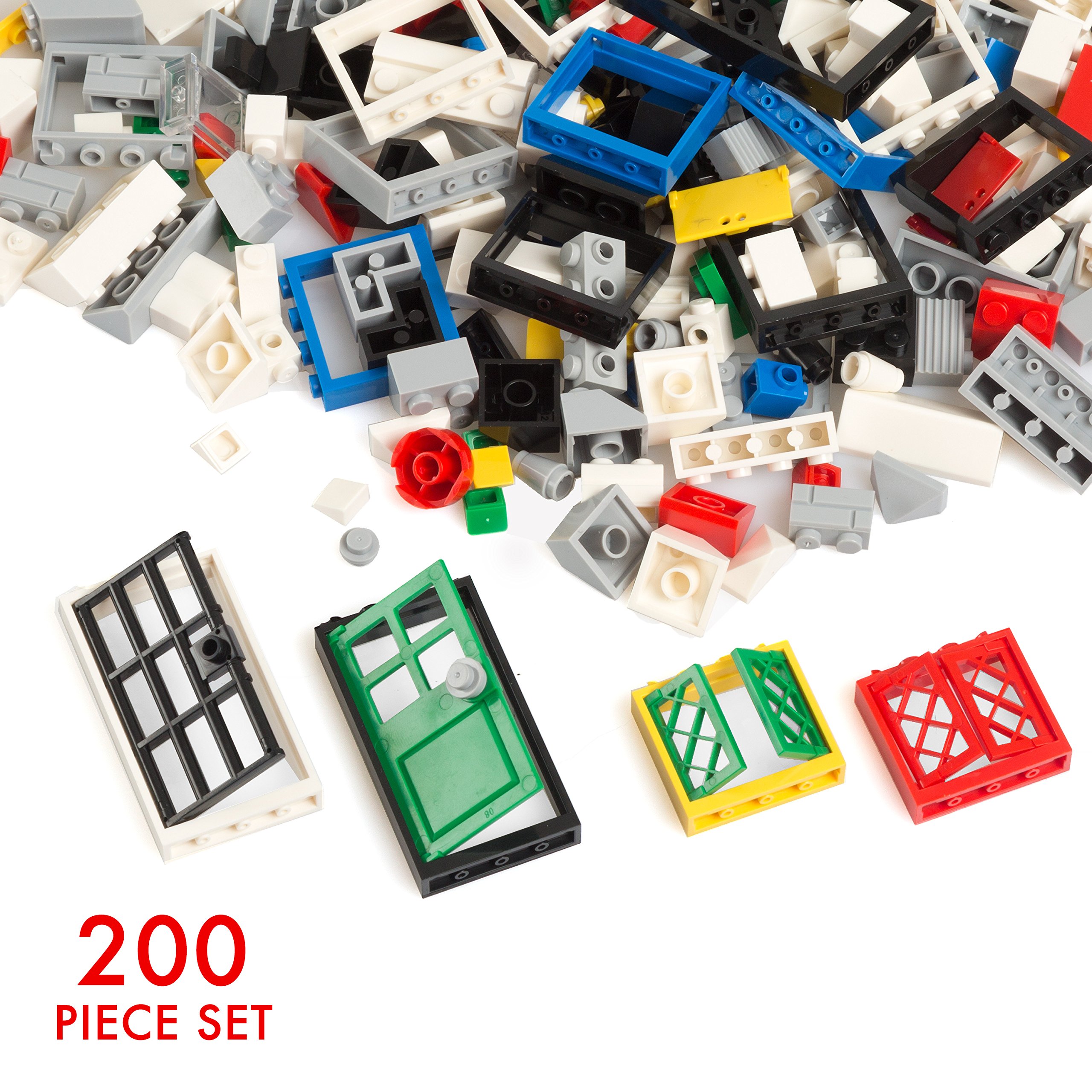 Barcaloo200 Piece Windows, Doors, and Roof Tops Set - Building Brick Compatible Play Kit