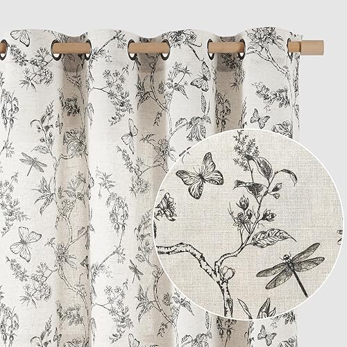 Lazzzy Cortinas de Lino de Granja con Flores Negras 63 Pulgadas de Largo, Cortinas para Sala de Estar y Dormitorio con Estampado, Cortinas Vintage