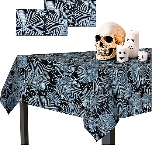 Confettiville Mantel de Halloween, paquete de 2 manteles desechables de Halloween, manteles de plástico de tela de araña, 54 x 108 pulgadas,