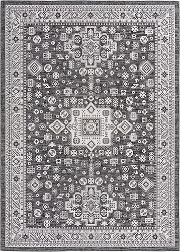 Miniatura 596 de Rugs.com Outdoor Aztec Collection Alfombra – 4 x 6 pies alfombra de tejido plano gris carbón perfecta para salas de estar, grandes comedores, planos