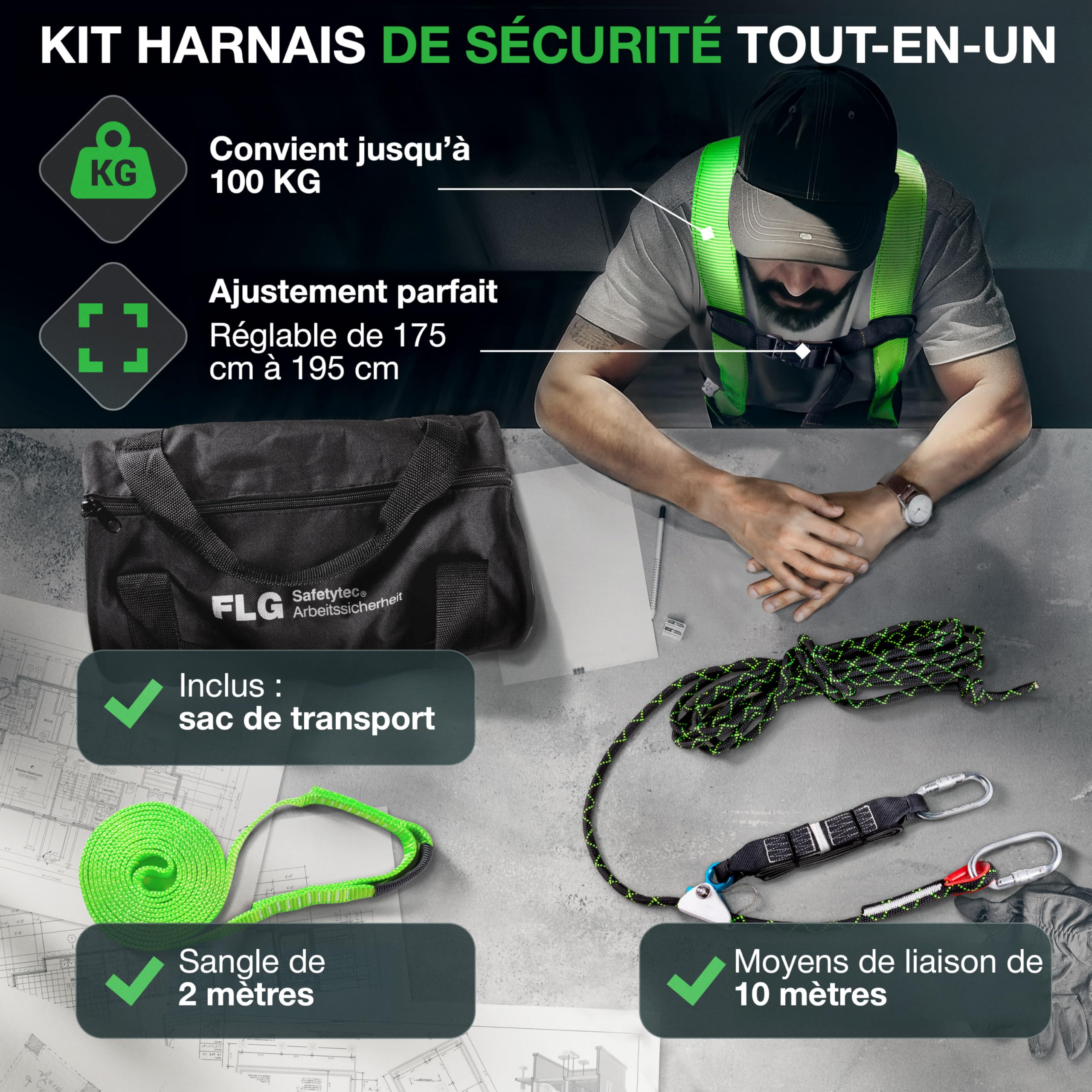 FLG Safetytec Kit complet de protection contre les chutes - Harnais de sécurité 2 points avec connecteur de 10m et sangle de 2m pour une sécurité maximale lors des travaux en hauteur selon EN353/361