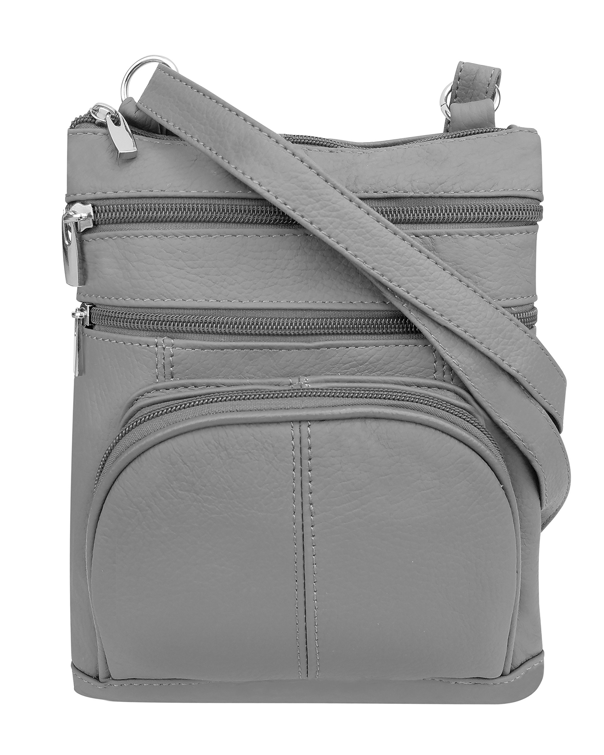 Cross Body Purse - Premium Gray Colored Cowhide Leather - Multi Zippered Pockets - Front Organizer Pocket With Credit Card Slots - Adjustable Shoulder Strap - Designed in U.S.A.