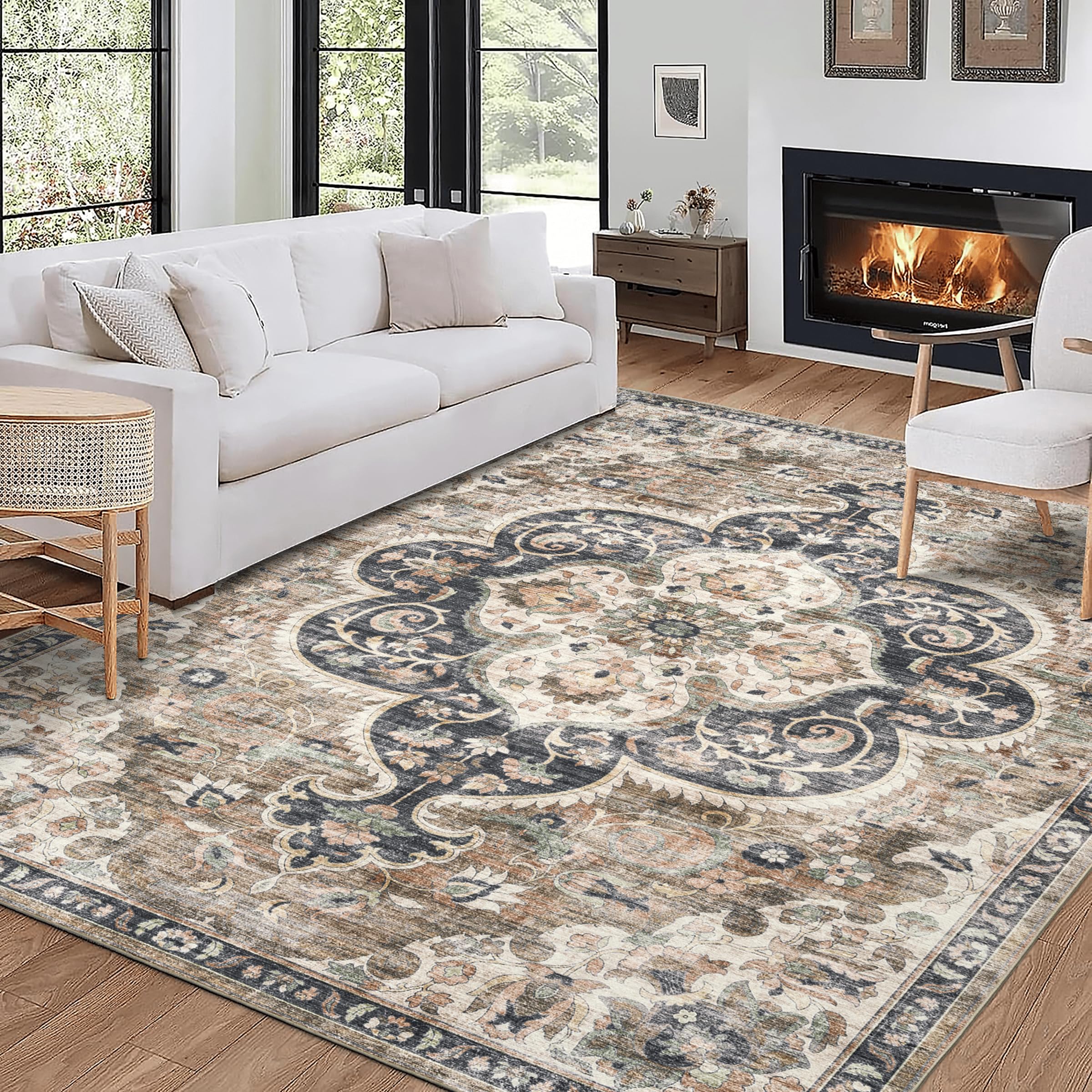 ReaLife Rugs Machine Washable Area Rug - Living Room Bedroom Bathroom Kitchen Entryway Office - Padded Low Pile Stain Resistant Premium - Boho
