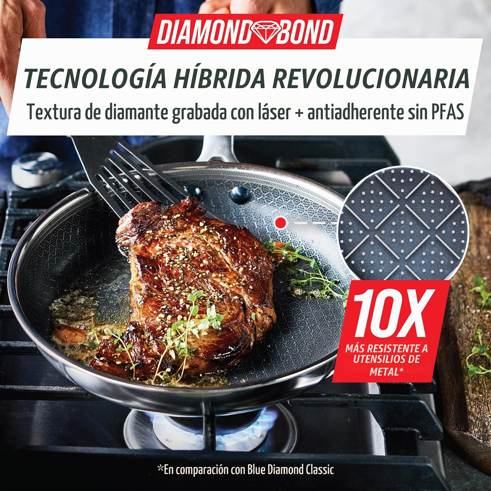 Blue Diamond Sartén híbrida antiadherente de acero inoxidable, 28 cm, sin PFAS, sartén de cerámica Diamond Bond para asar potentes, huevos y tortillas, apto para lavavajillas, mango fresco, inducción