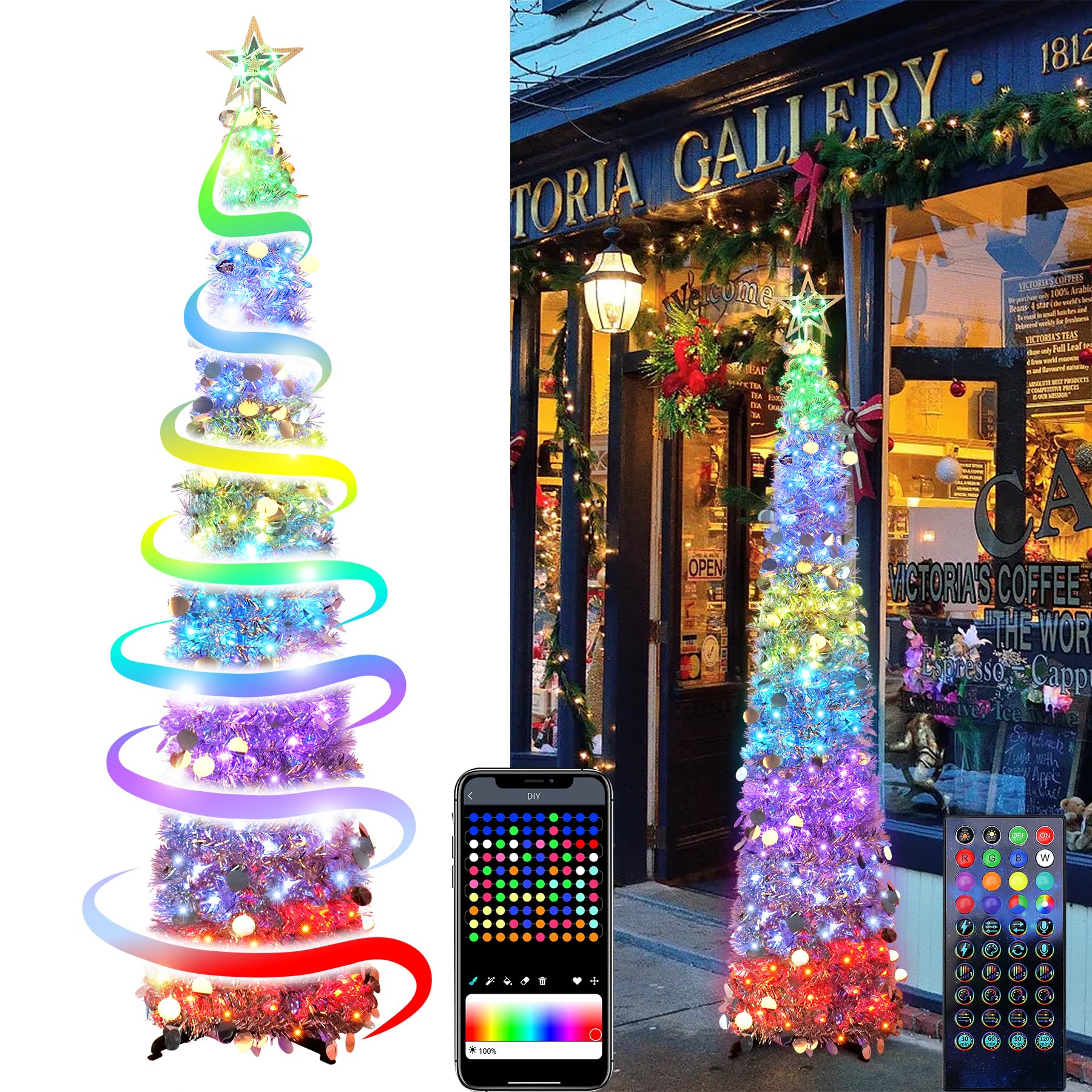 5 Ft Pop Up Christmas Tinsel Tree with Multi-Color Timer LED Lights, Collapsible Pencil Christmas Tree with Remote, App-Controlled Artificial Christmas Tree for Home Shop, All Year Decoration