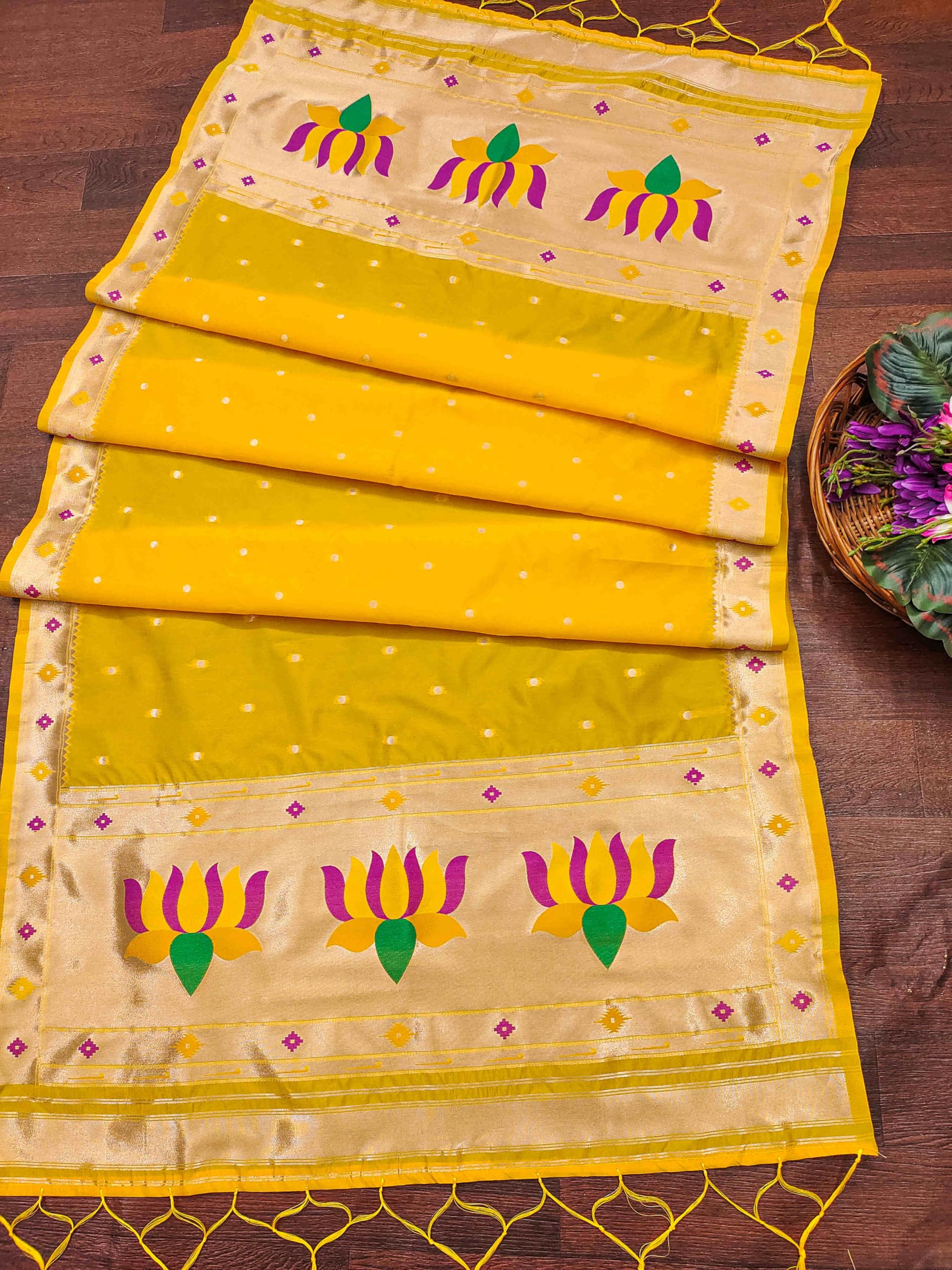 DEVANGI Women's Woven Banarasi Silk Dupatta/Chunni For Women, Floral Print 1 Meter Wide and 2.3 Meter Length Printed Designer Dupatta/Chunni For Girls(OM-DT-67-YELLOW) - Image 3 thumbnail