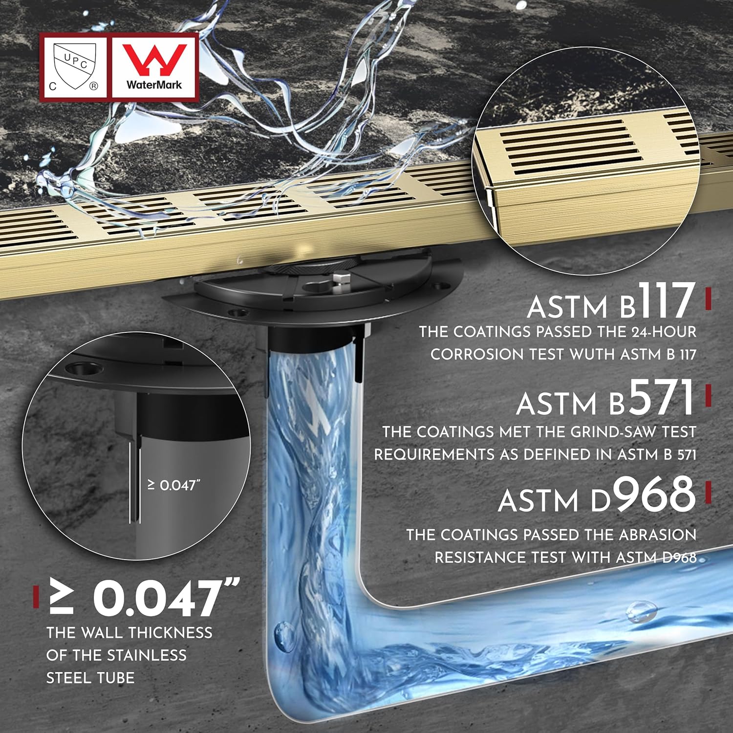 WEBANG 24 Inch Linear Shower Drain Rectangular Floor Drain with Accessories Fence Pattern Cover Grate Removable SUS304 Stainless Steel Watermark&CUPC Certified Brushed Gold
